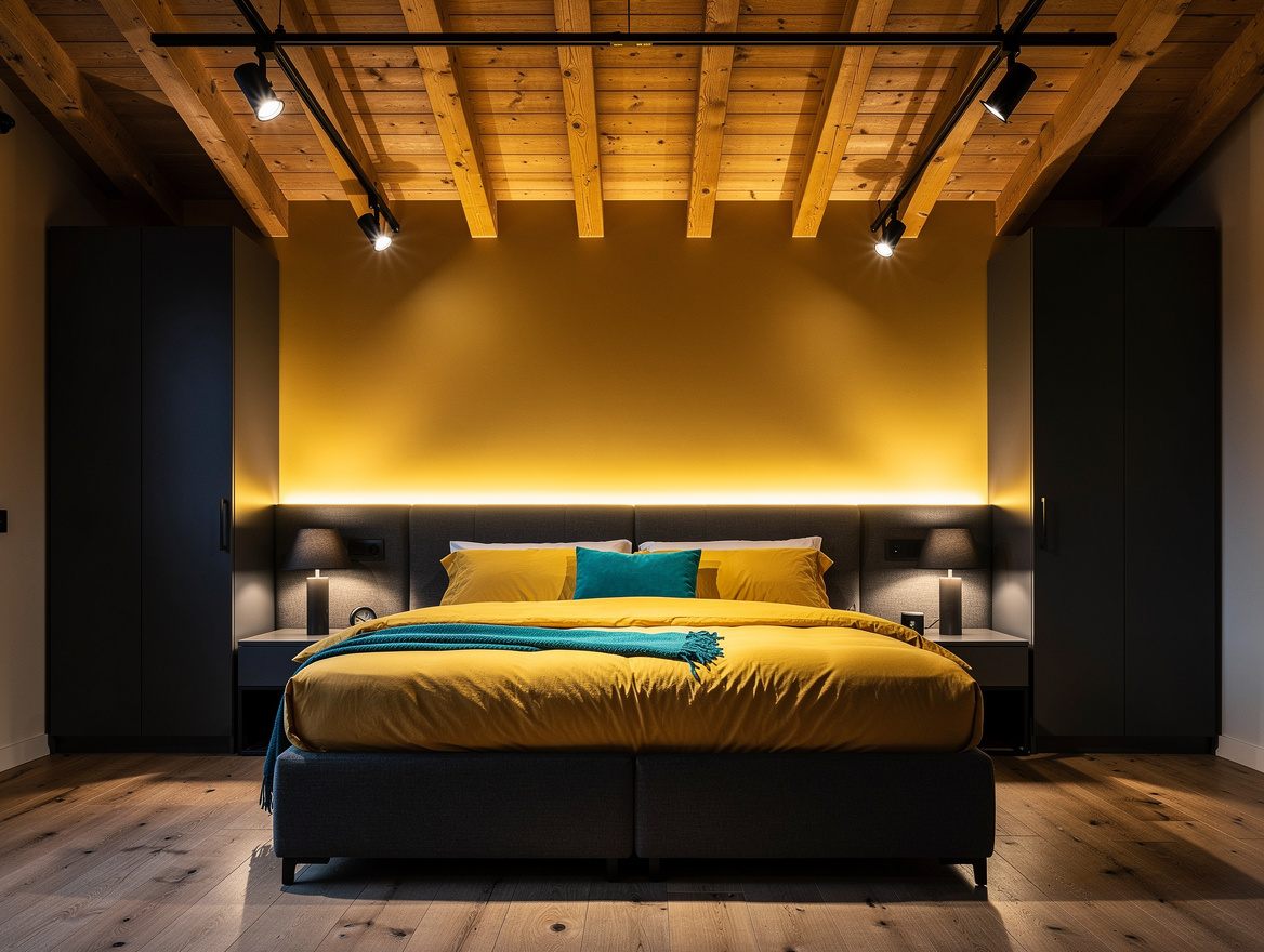 Wide atmospheric photograph of a timber-rafter bedroom with black track spotligh