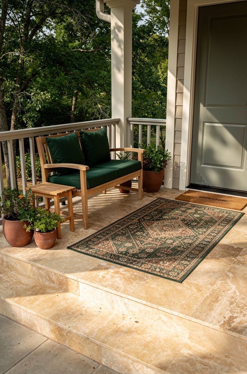 Anchor your front porch decorating ideas on a budget with one outdoor rug