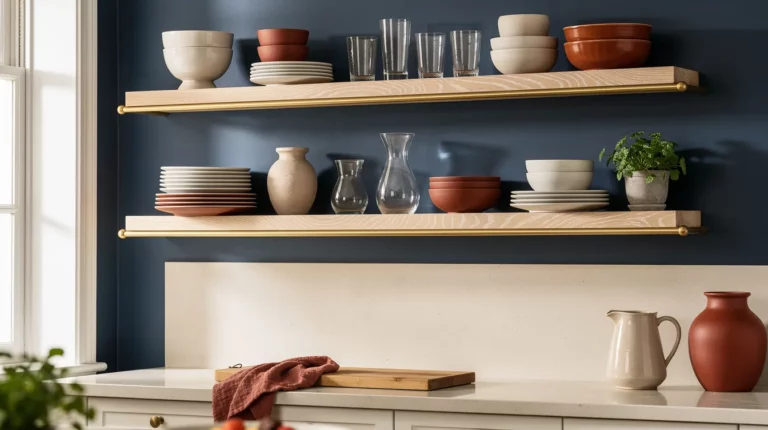 5 Brass Open Shelving Rules Designers Use to Keep Counters Working
