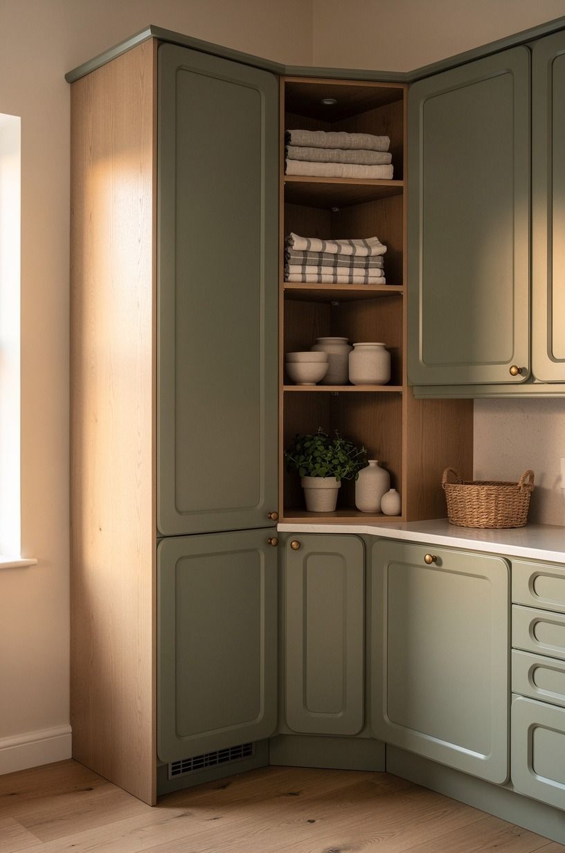 Build a tall corner storage cabinet that follows the wall