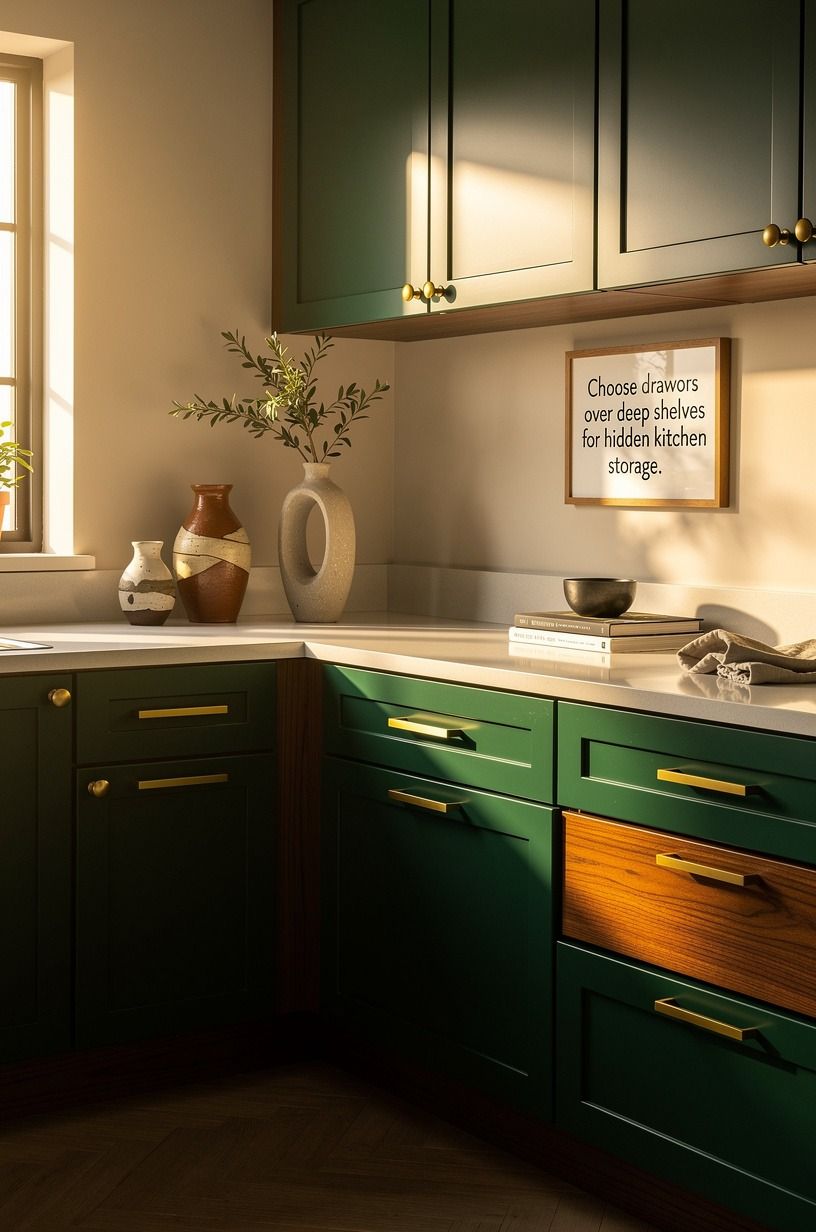 Choose drawers over deep shelves for hidden kitchen storage