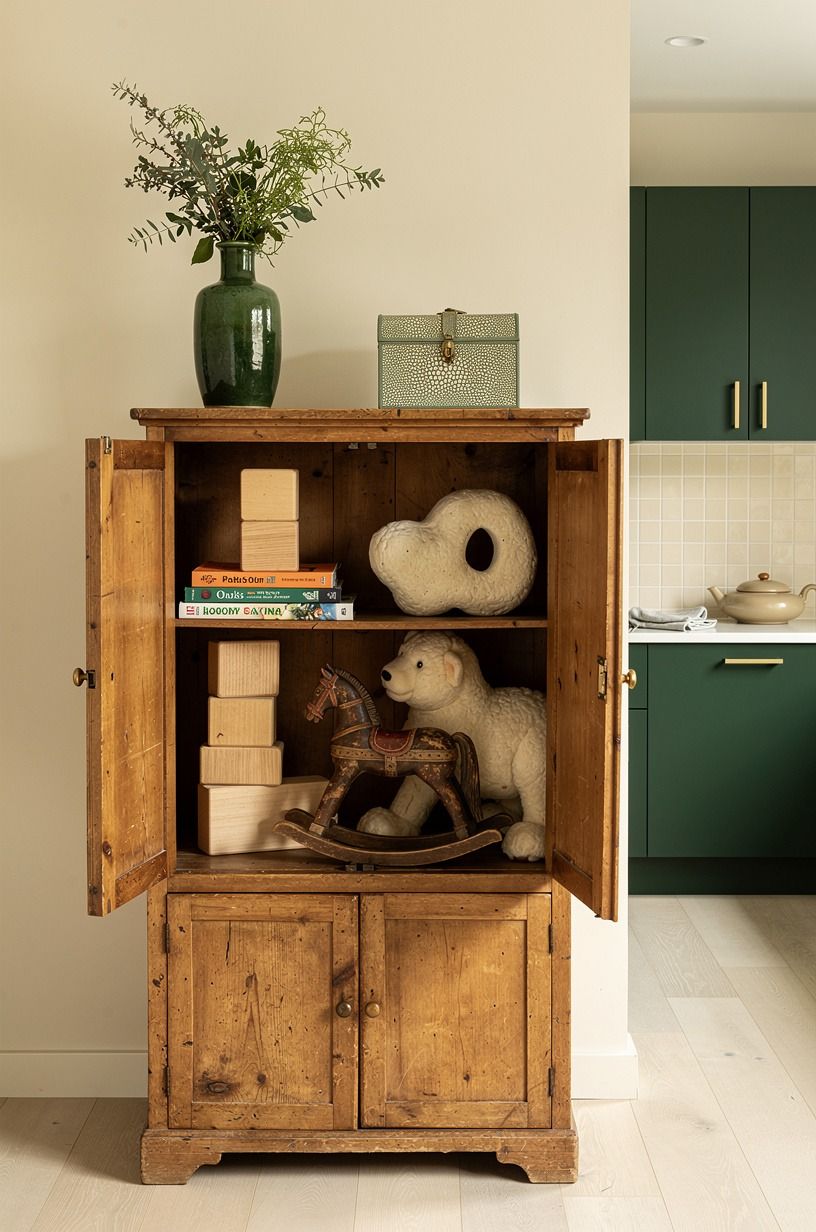 Let a vintage hutch hold the big, awkward toys