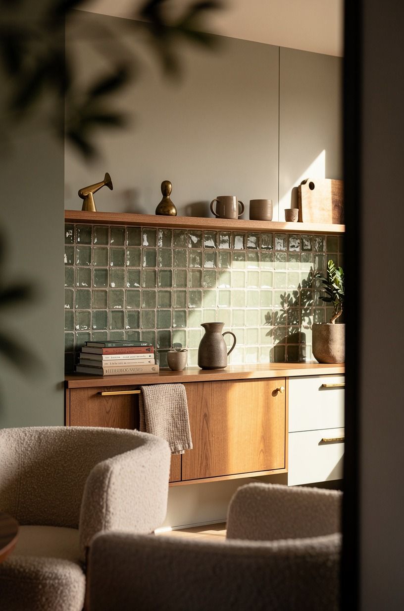 Use hand-glazed zellige behind a coffee shelf