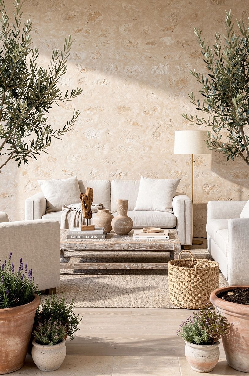 Frame the edge with olive trees and herbs