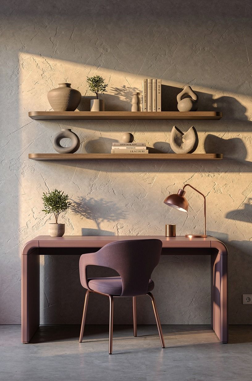 Float shelves above the desk, then leave them breathing room