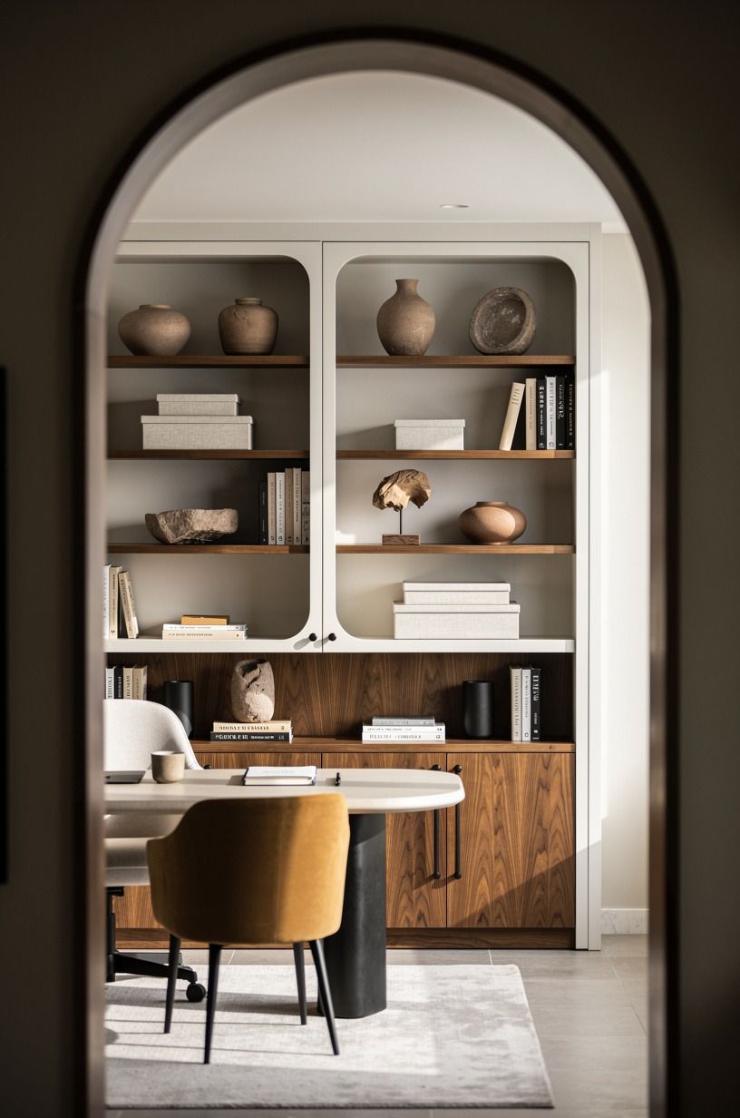 Let traditional office built-ins carry the visual noise
