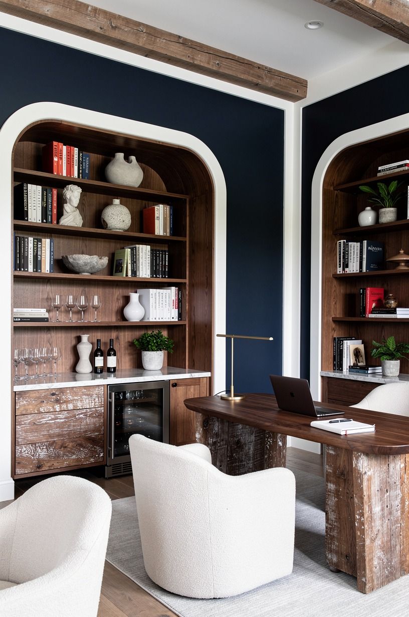 Use The Two-Wood Rule for a home library with bar