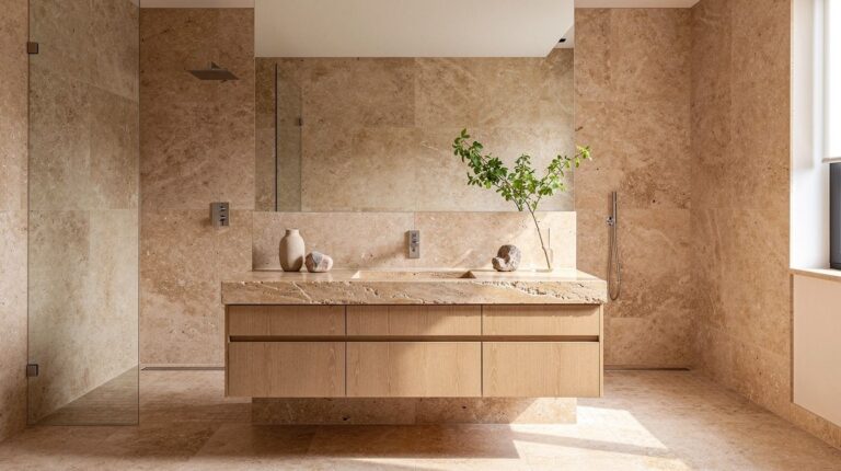 How to Design an Organic Modern Travertine Bathroom With Warm Stone + Wood – 13 Ideas