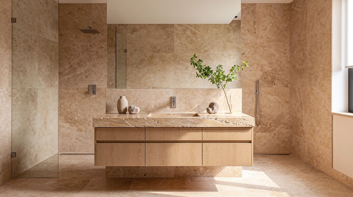 How to Design an Organic Modern Travertine Bathroom With Warm Stone + Wood - 13 Ideas