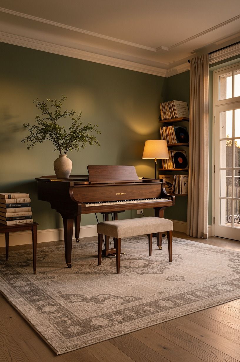 Anchor the piano area with a rug that reaches underfoot