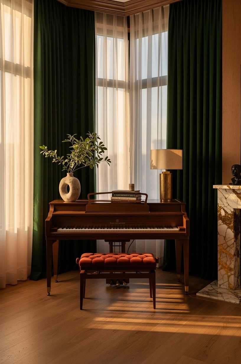 Frame a piano in home with floor-length drapery