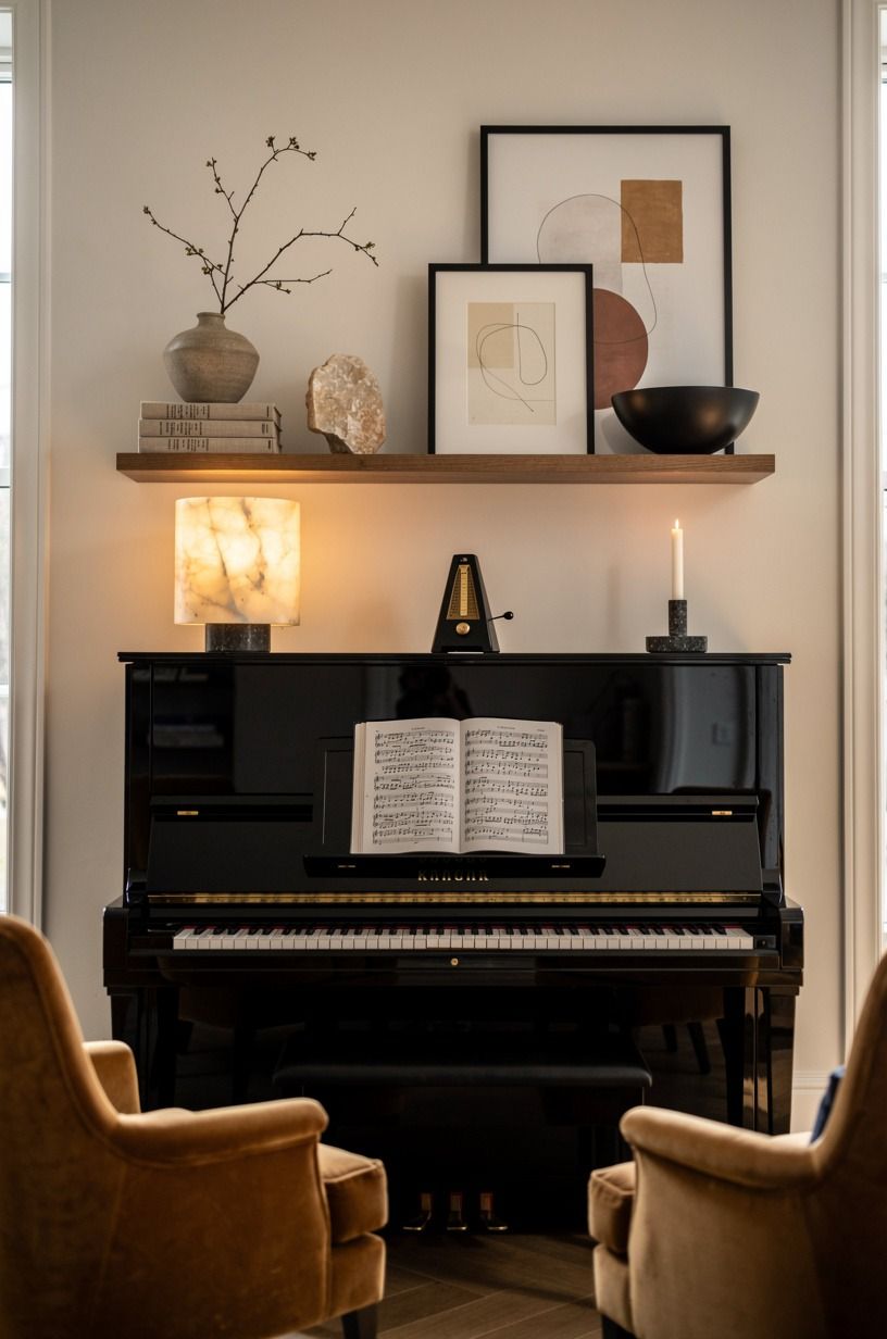 Layer the mantel-style shelf above an upright piano