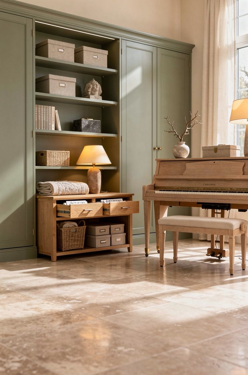 Make the music room with piano earn its storage
