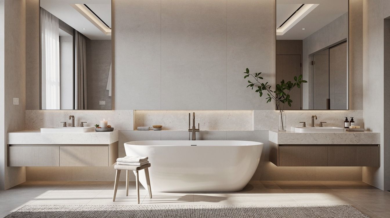 19 Freestanding Tub Between Double Vanities Looks That Make Bathrooms Feel Bigger