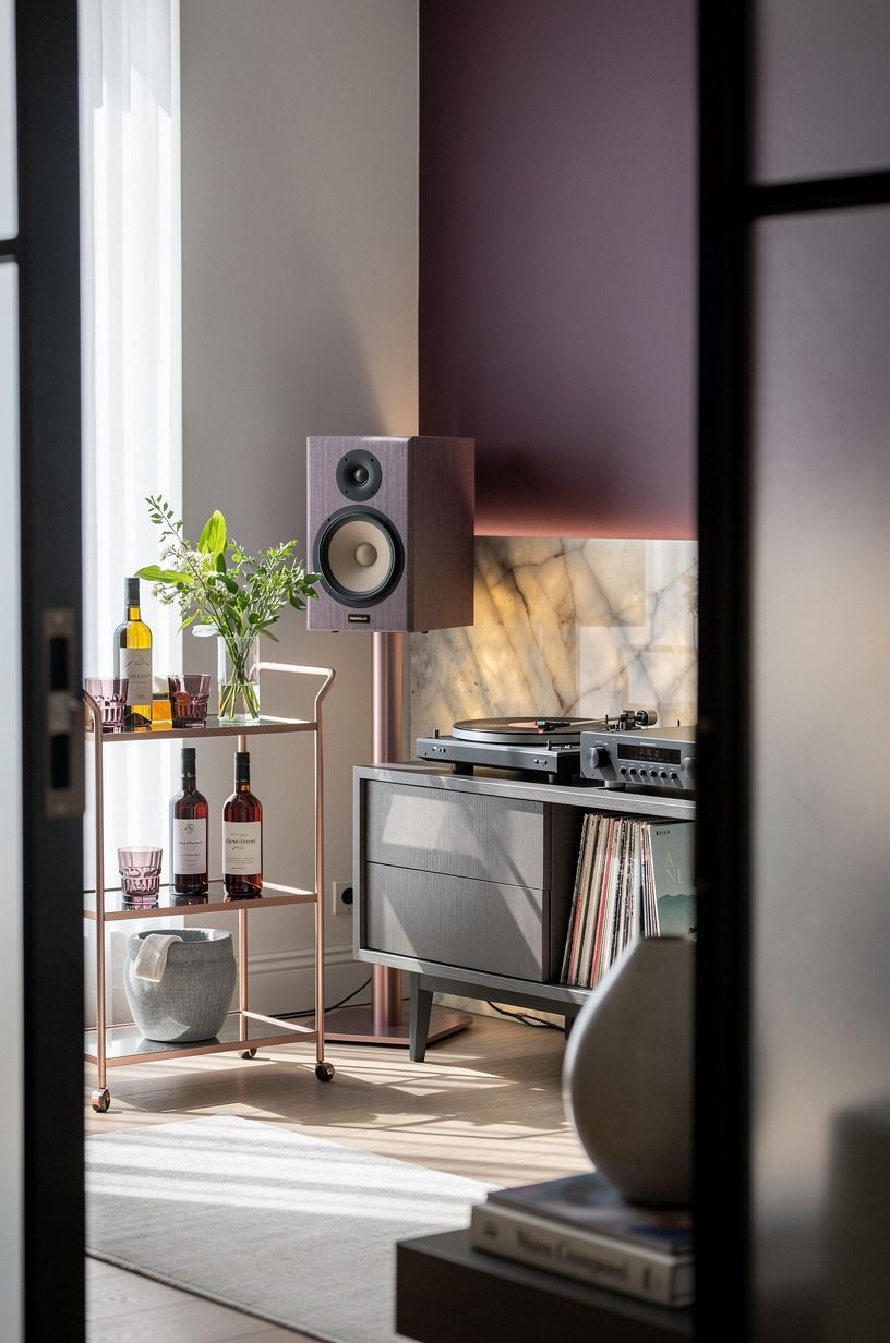 Frame the Hi Fi Vintage Corner With a Bar Cart