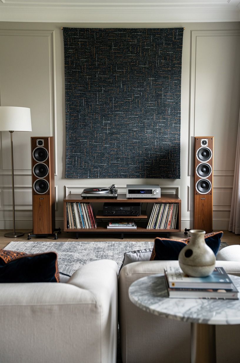 Hang a Textile Behind the Speakers Instead of More Art