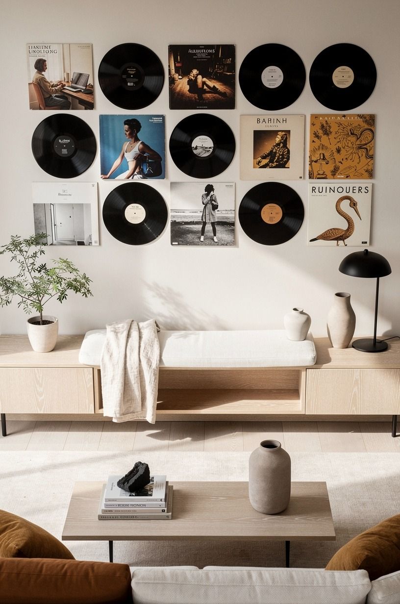 Try vinyl record display wall styling over more furniture