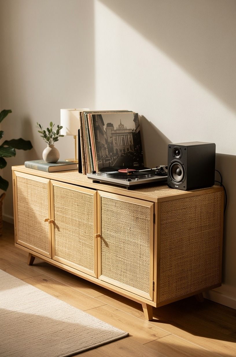 Swap Open Shelves for Closed Rattan Storage