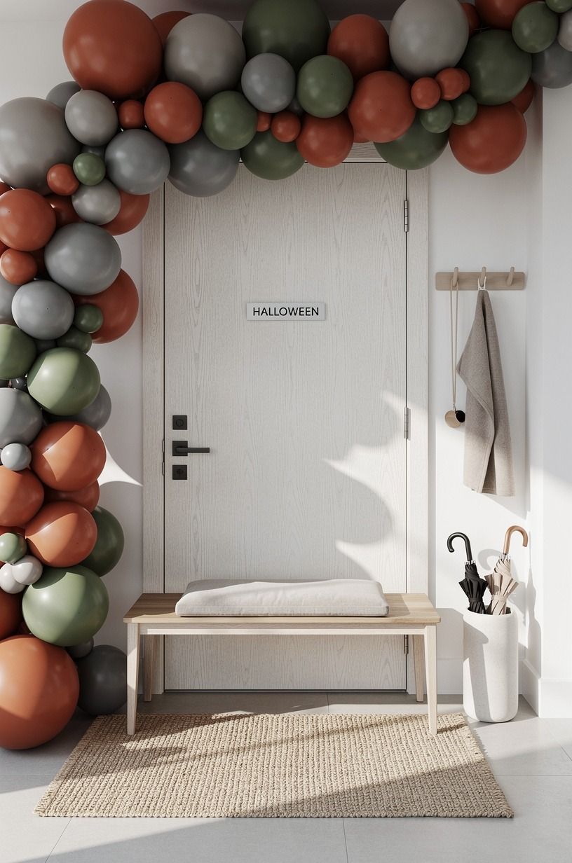 Build a balloon arch Halloween door with three colors