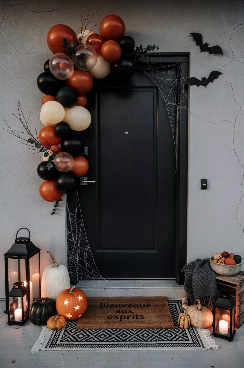 Frame the mat with a Halloween door decoration cluster