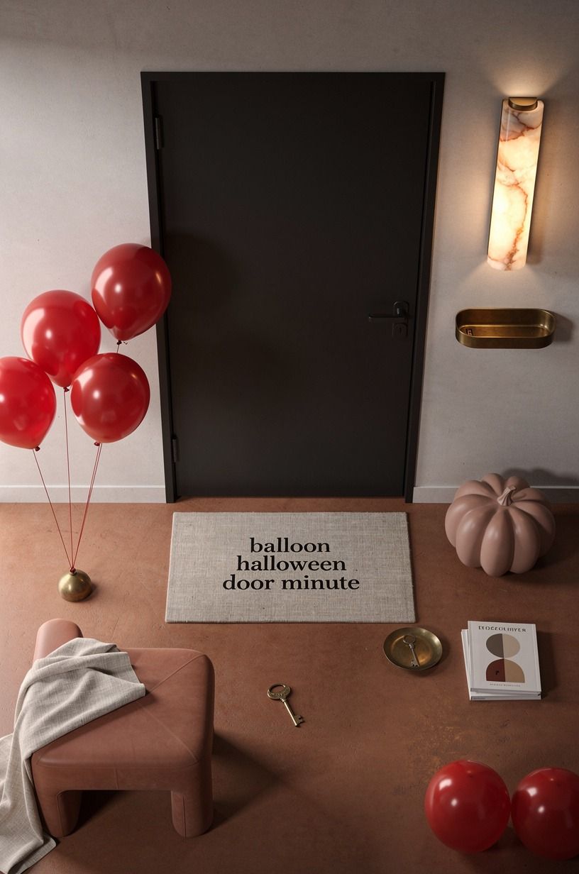 Layer a red balloon Halloween theme around a black door