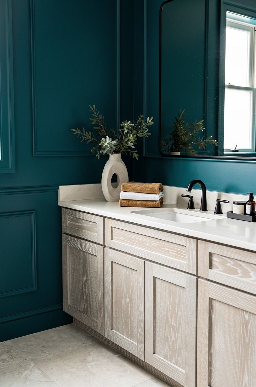 Anchor a Teal Bathroom Design With Warm Wood