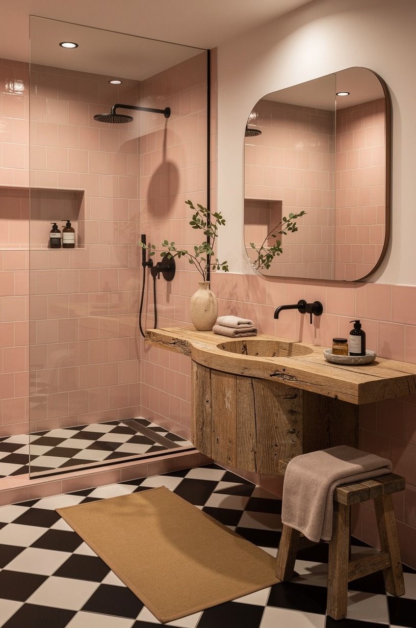 Can pink tile handle a checkerboard floor?