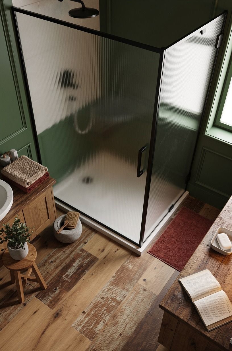 Choose a slim black shower frame over frosted glass