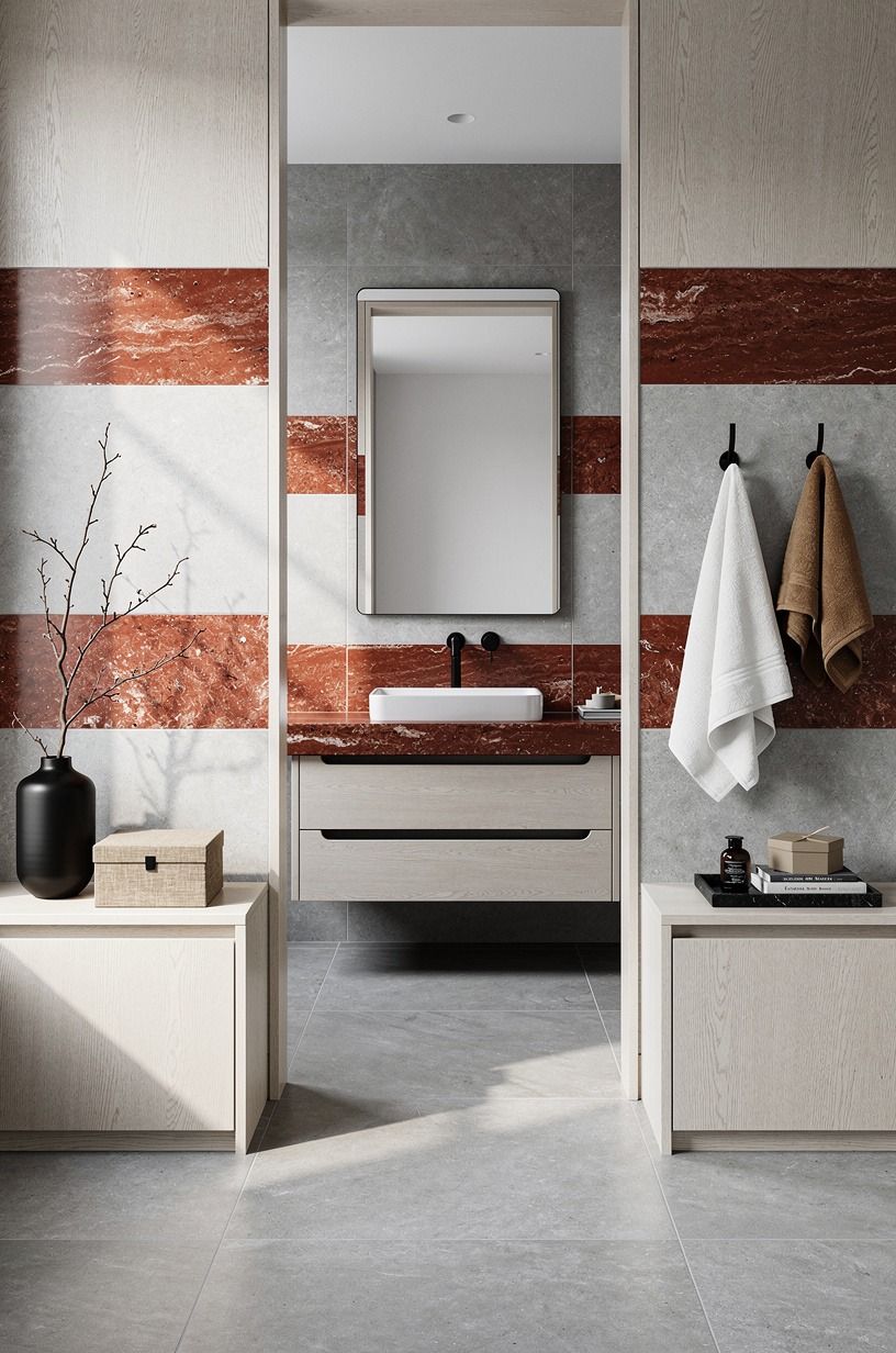 Contrast red travertine accents against the cool field tile