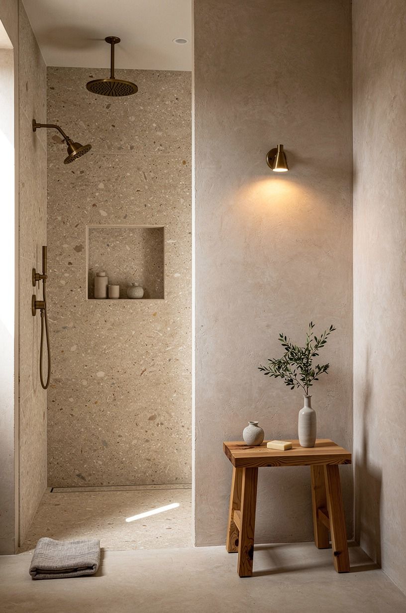 Float a cedar stool beside the stone wall shower decor