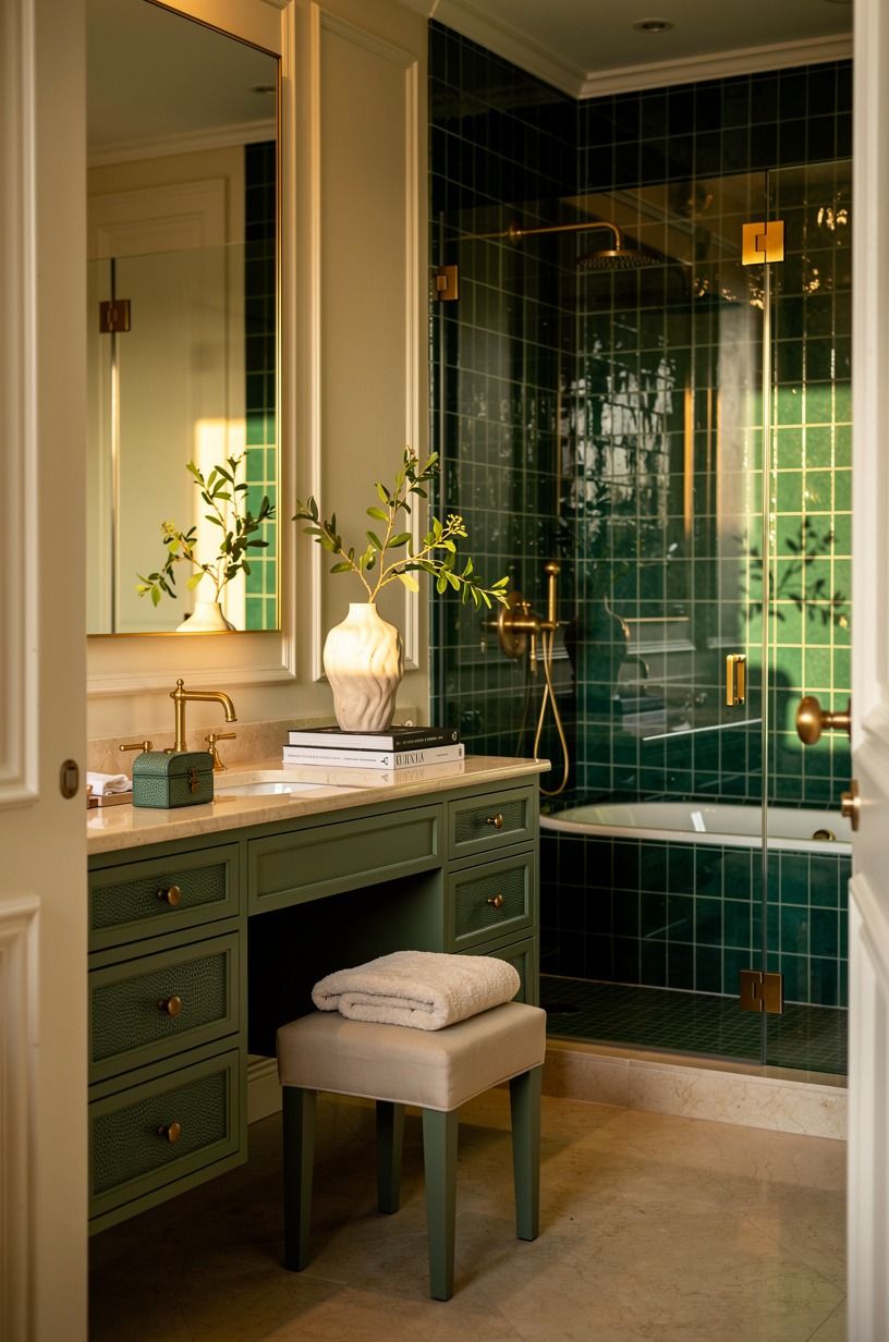 Float the Soft Hotel Finish for a Green and Blue Bathroom