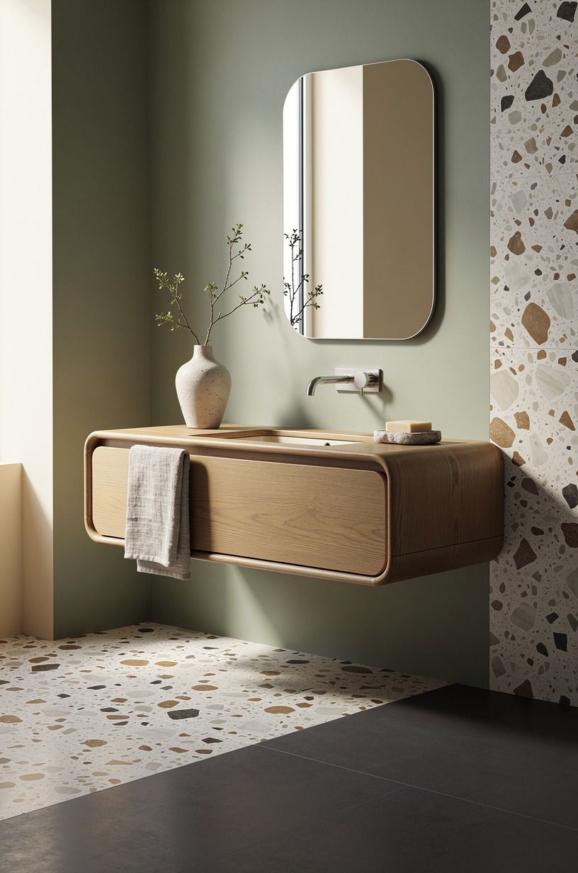 Float the vanity above a charcoal floor