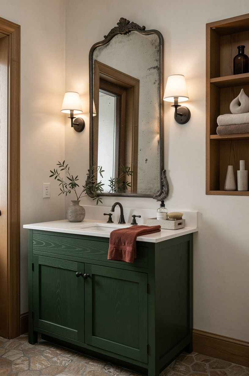 Frame dark guest bathroom ideas with an antique mirror