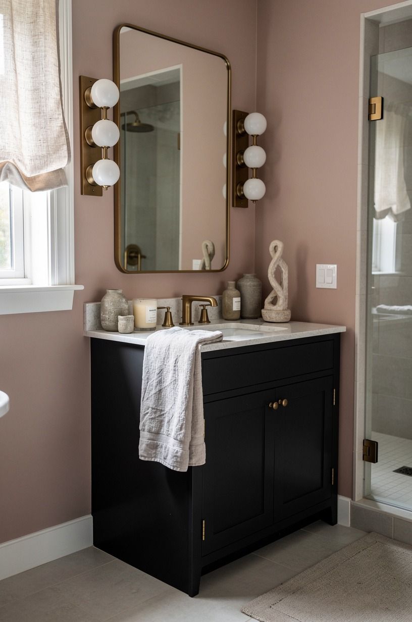 Frame the mirror with a three-height light stack