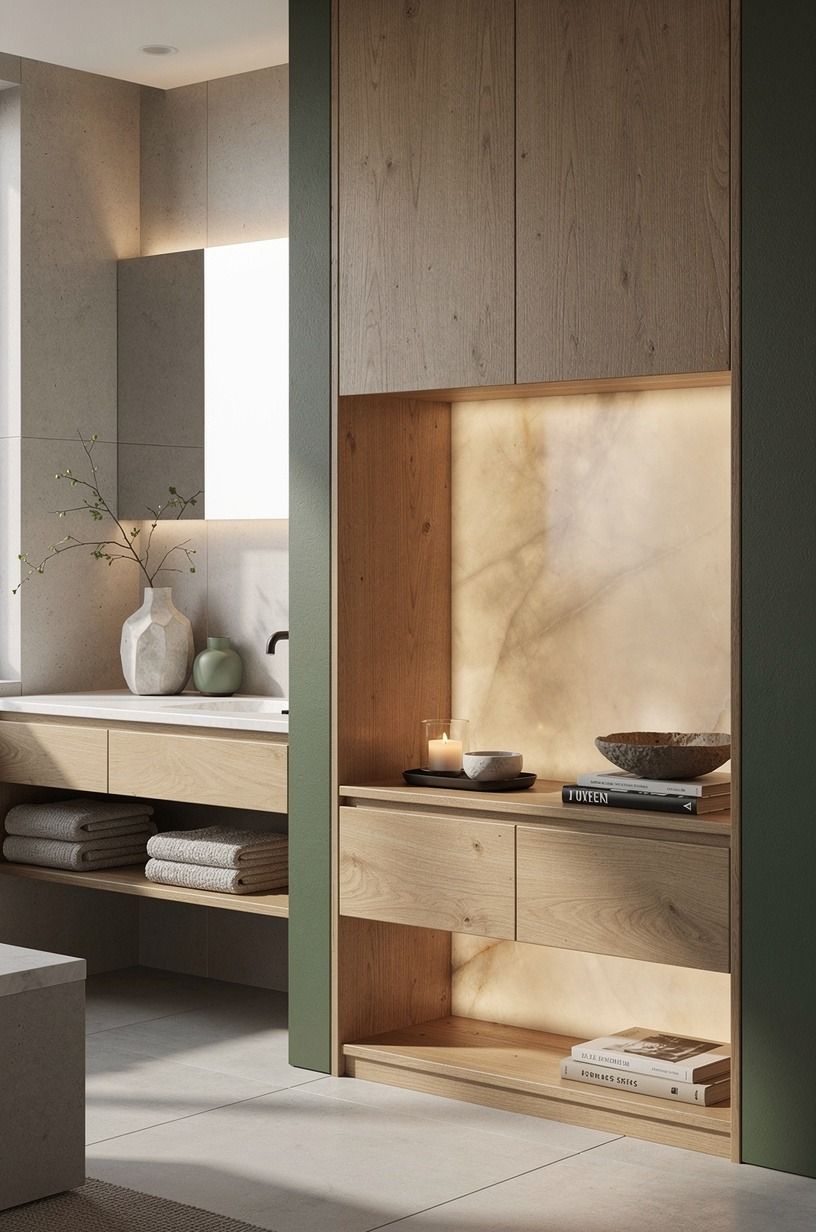 Frame the niche with warm grout, not bright white