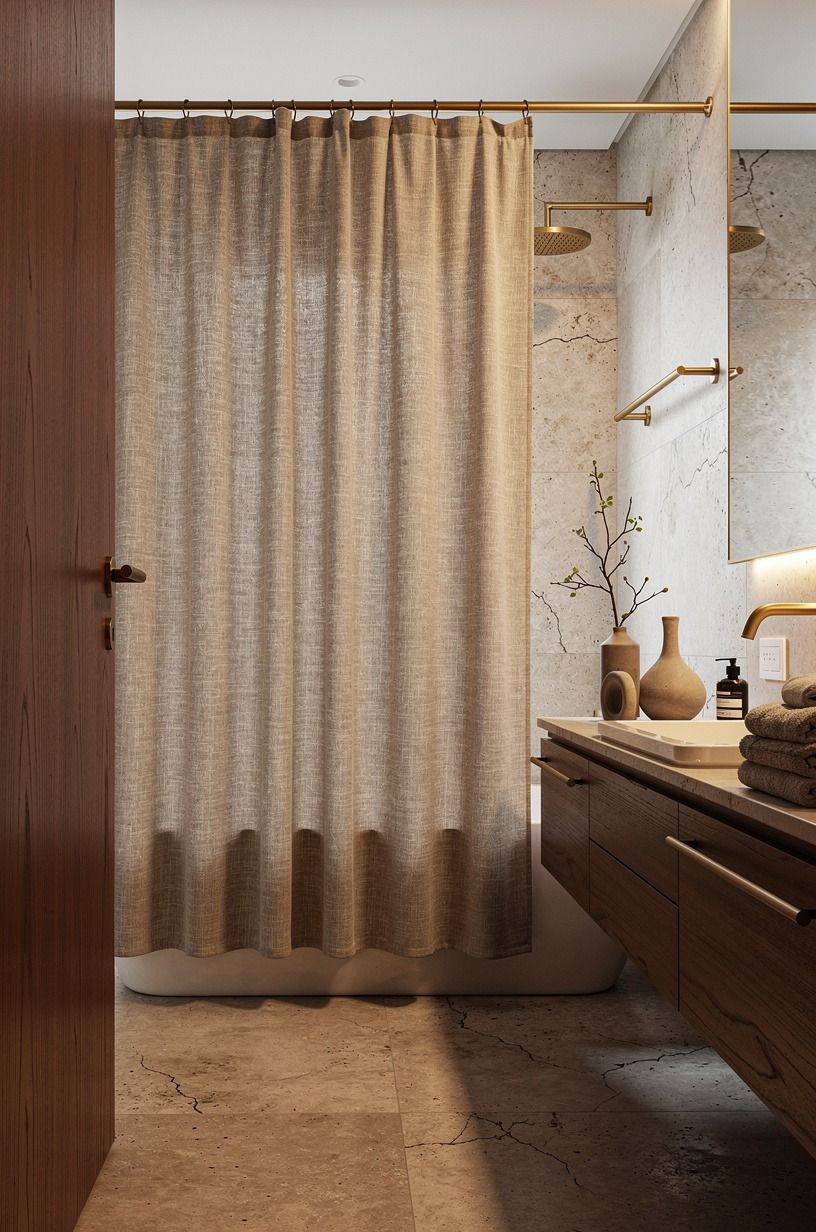 Hang a shower curtain that looks like fabric
