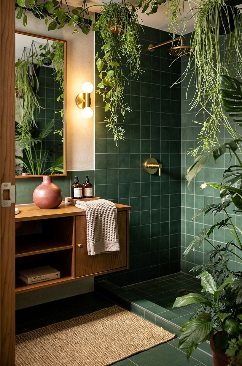 Hang plants at the safe edge of the indoor jungle shower