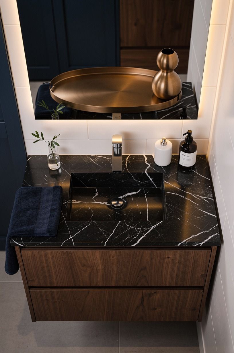 Hang Warm Metal Above a Brown Vanity