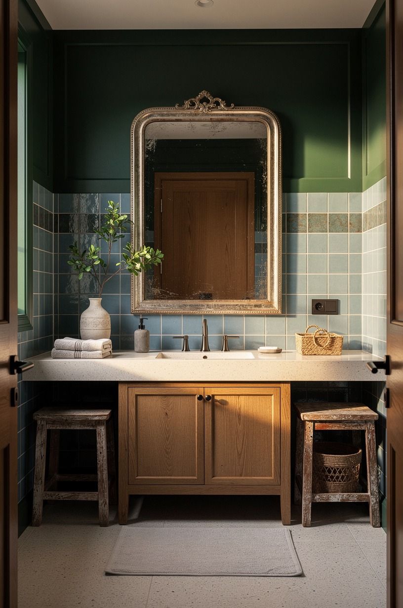 Layer a Green and Blue Bathroom Around One Old Mirror