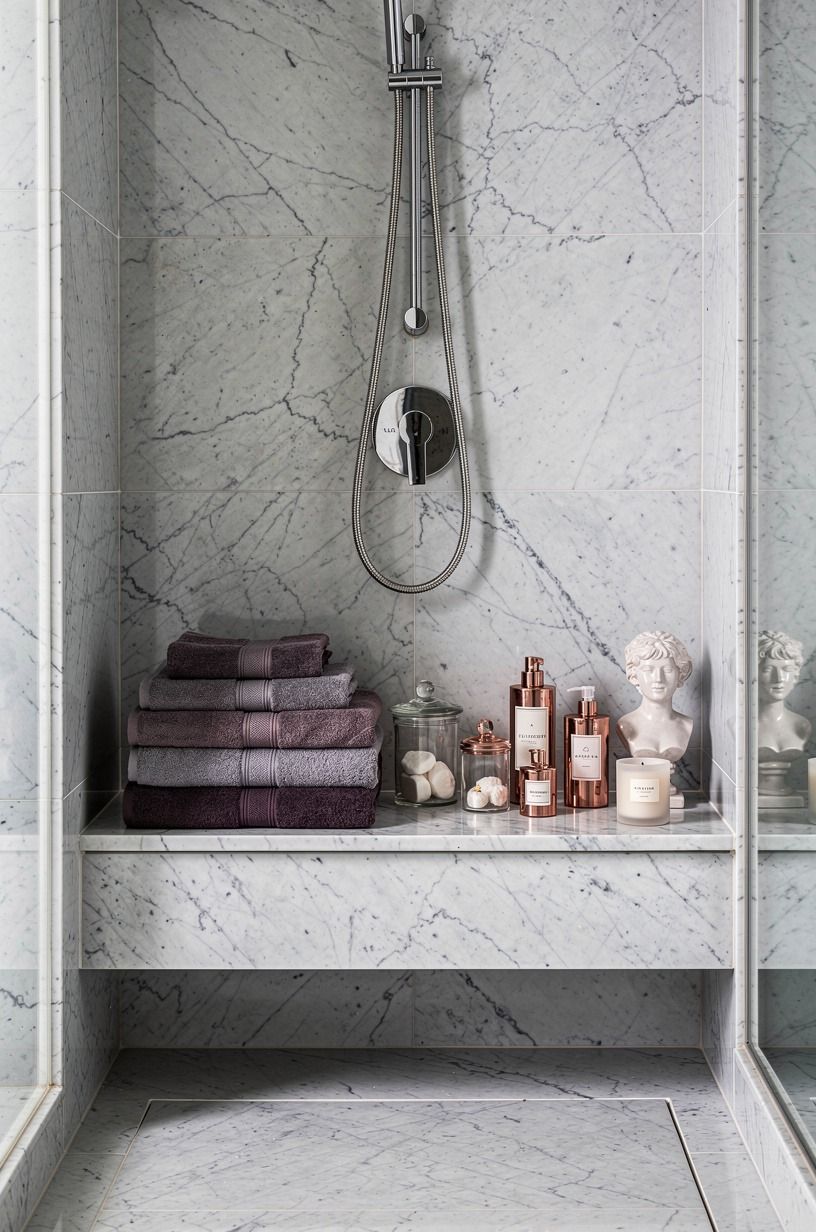 Layer a stone shower decor ledge with useful objects