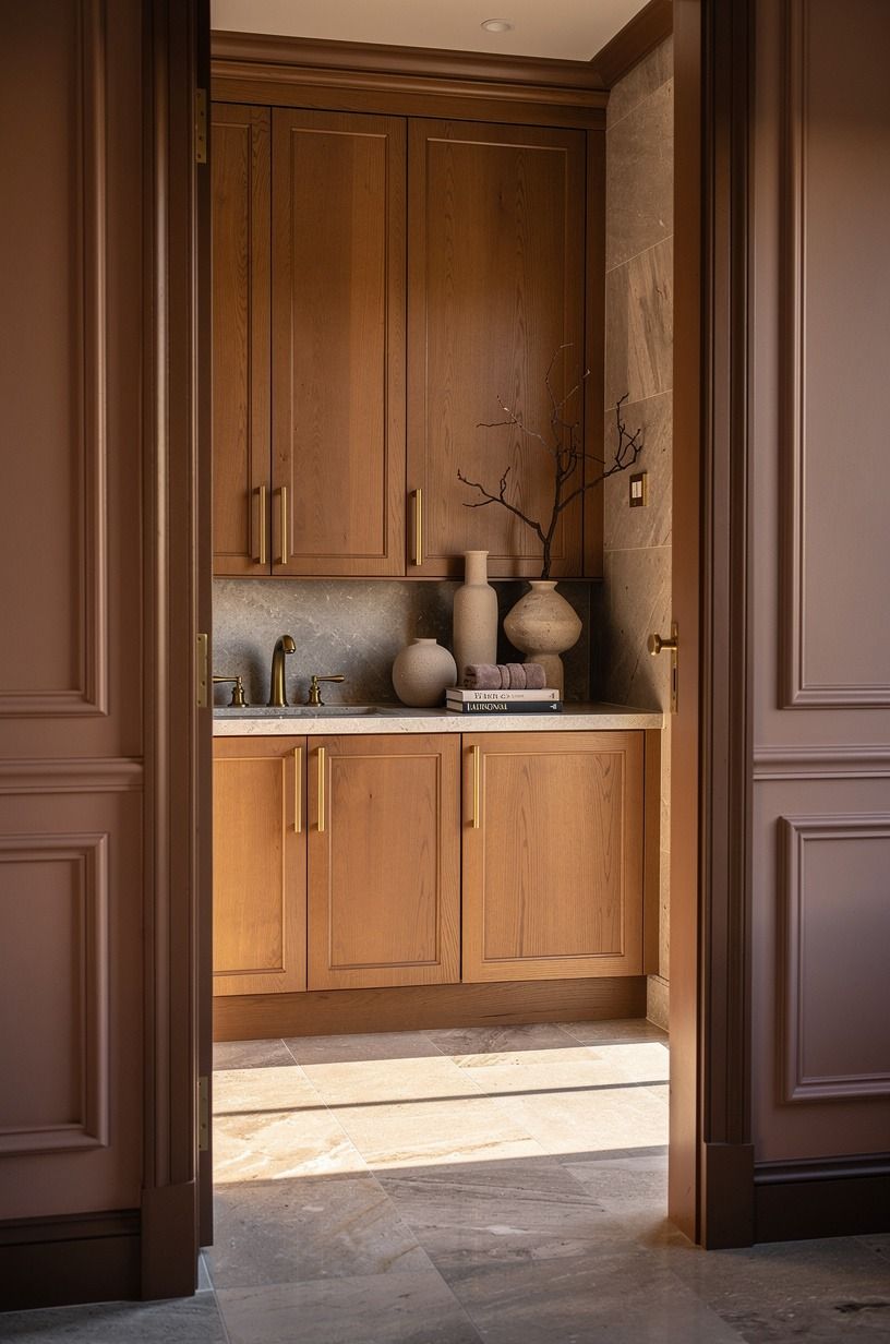Layer warm wood against light grey travertine