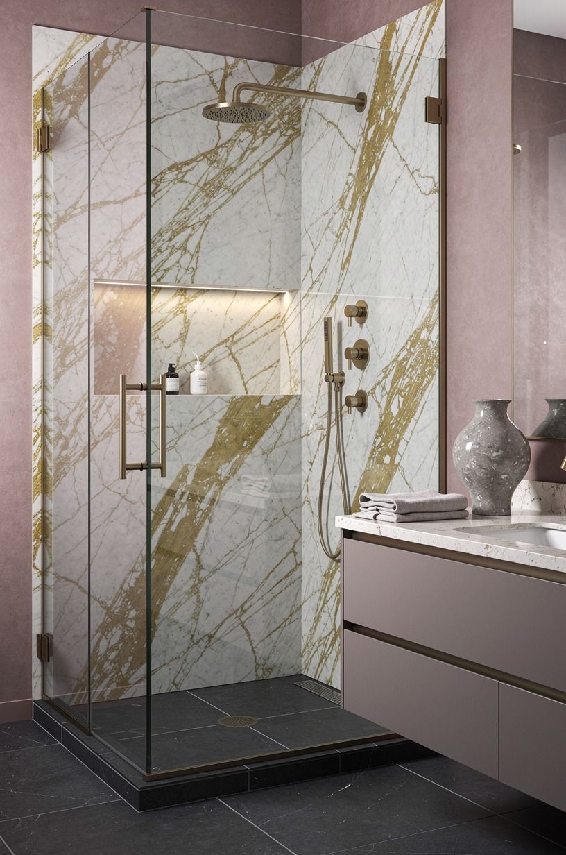 Let a 36 x 36 in shower feel intentional with one repeat finish