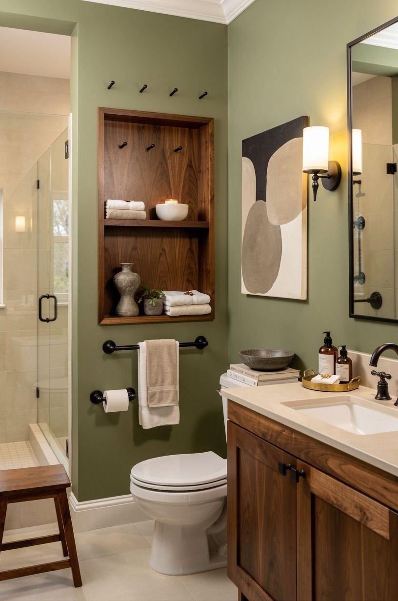 Use The Two-Wood Rule for a light travertine bathroom