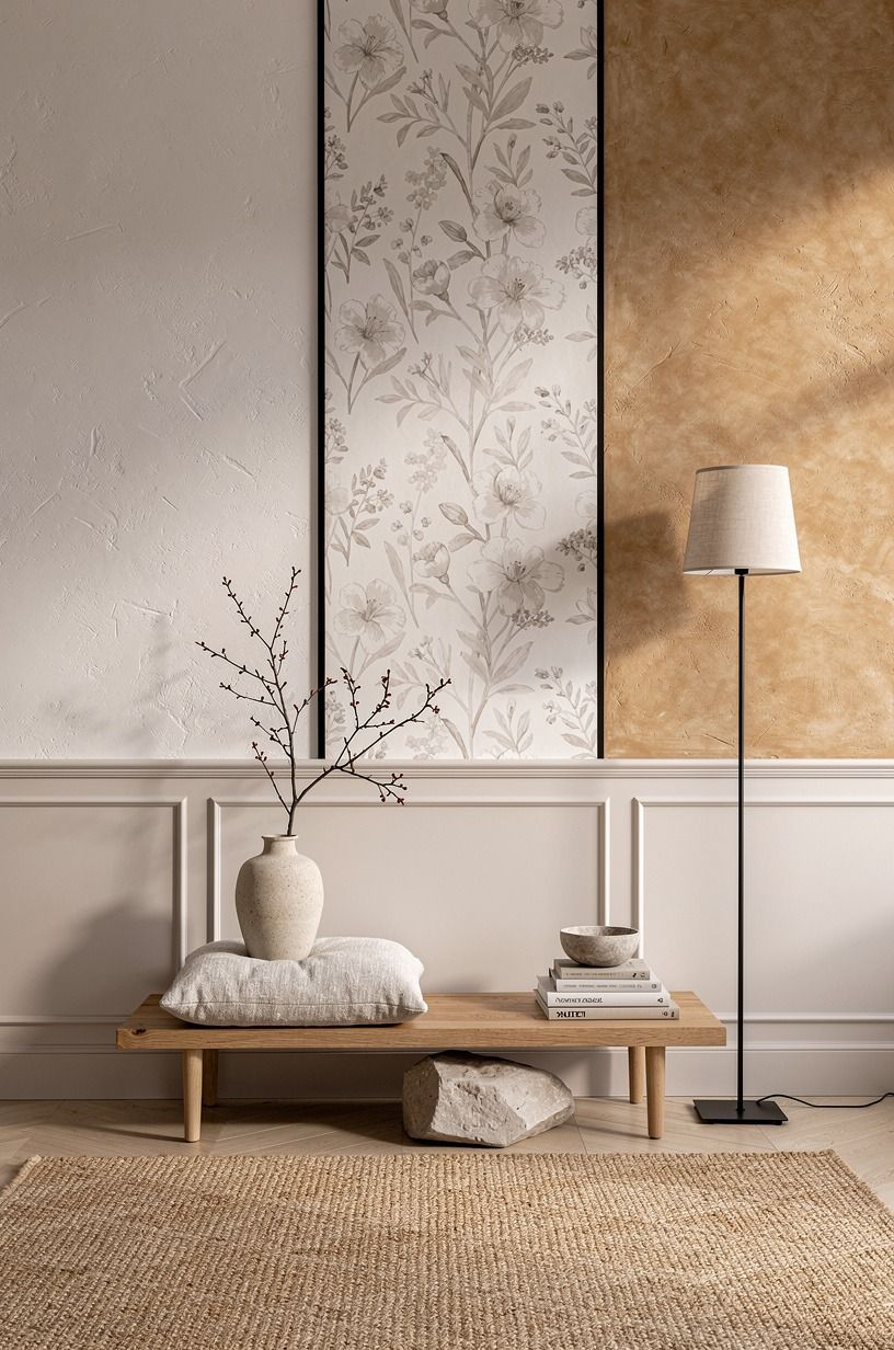 Mix a floral wallpaper panel with painted wainscoting