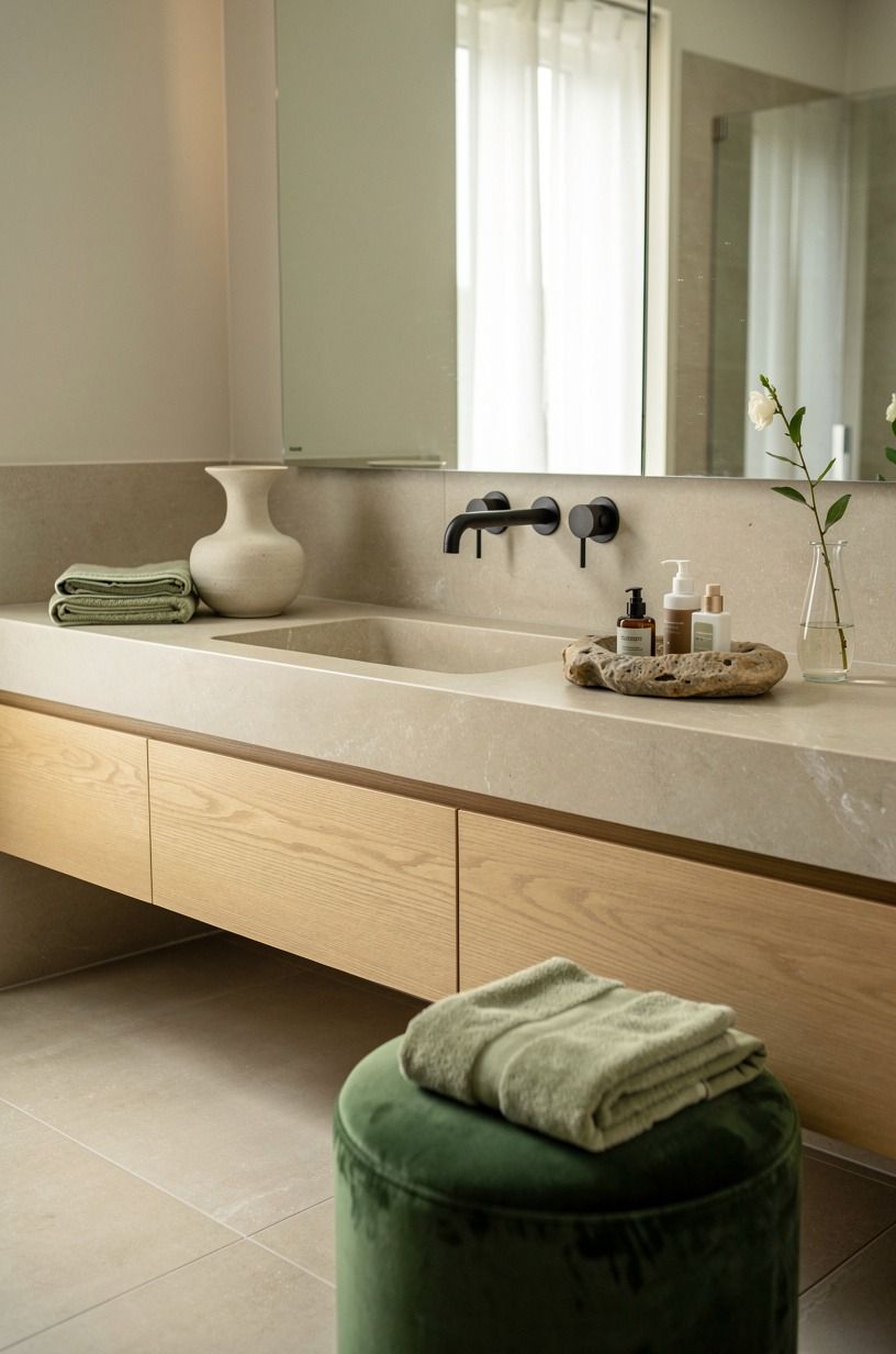 Mix matte hardware with soft stone