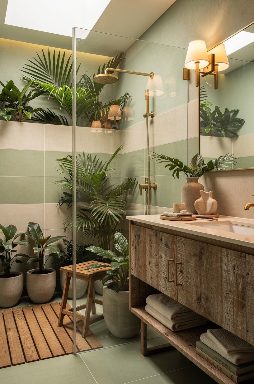 Open the glass line for a tropical indoor shower with plants