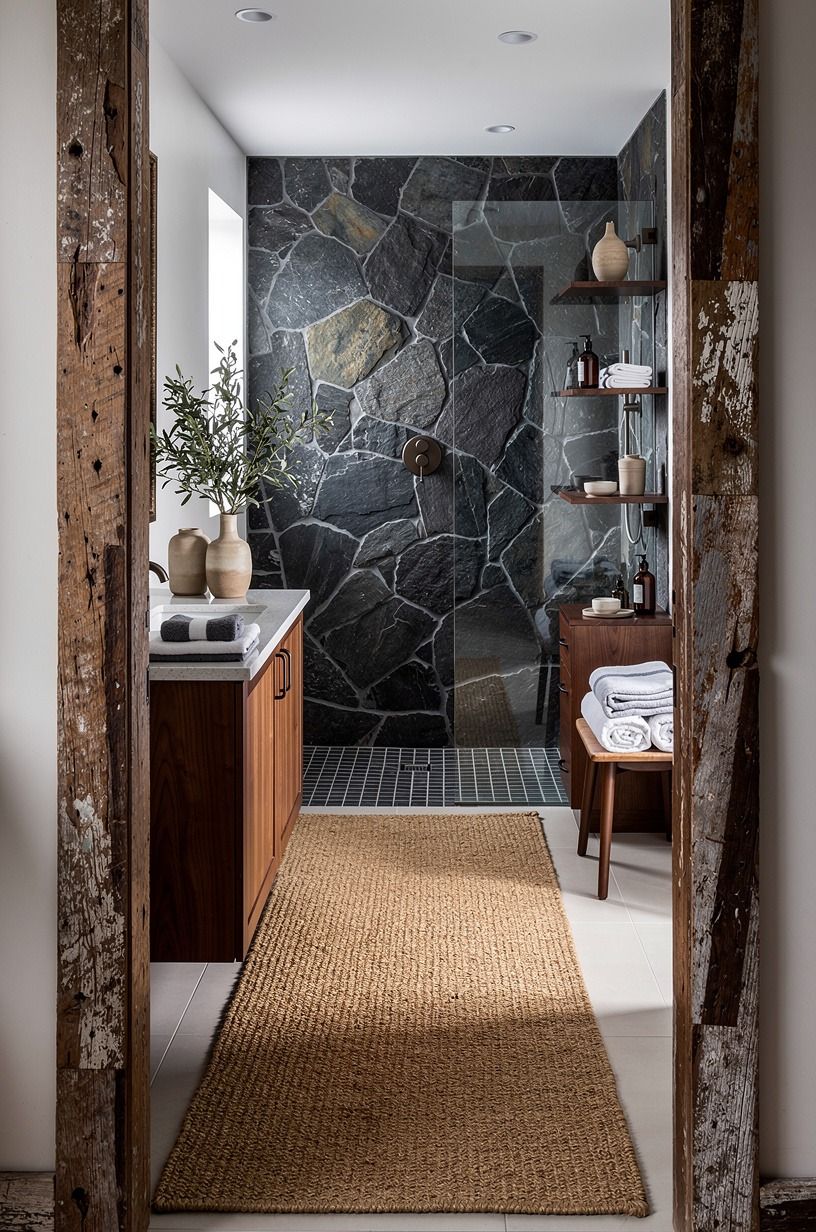 Soften a stone rock shower with a woven runner