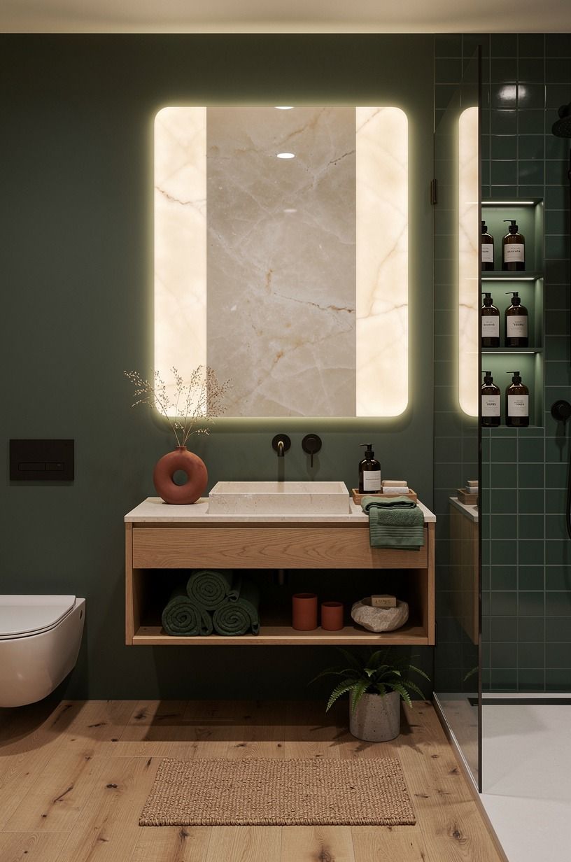 Start with a dark sage green bathroom wall test