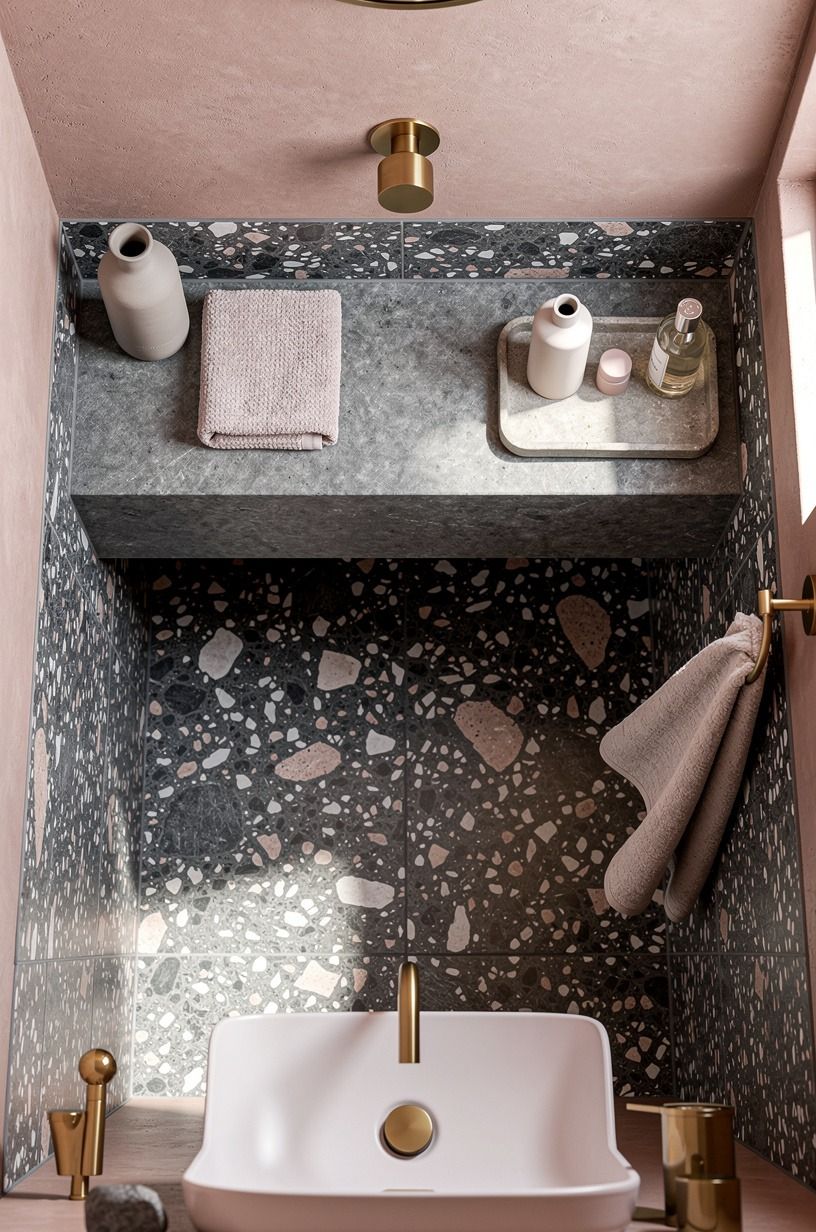 Swap a bulky cabinet for a stone shower shelf