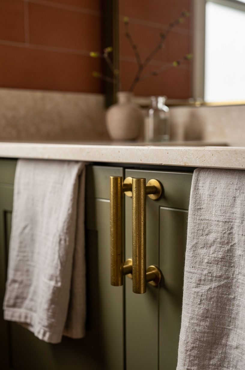 Swap chrome pulls for unlacquered brass developing soft patina